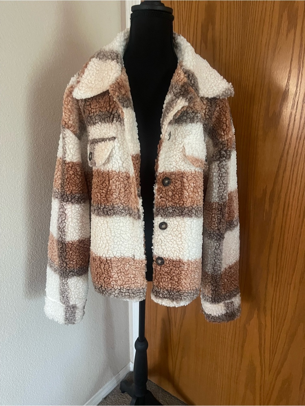 Striped Teddy Sherpa Jacket in Cream and Brown